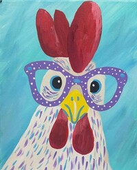 painting of chicken wearing purple and yellow speckled glasses