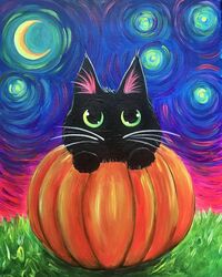 cute black cat and pumpkin painting