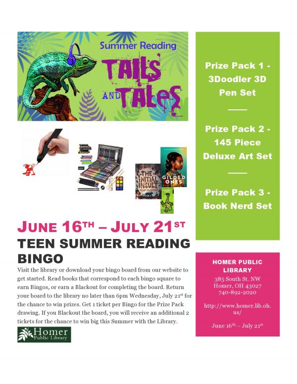Teen Summer Reading Bingo, June 16th-July 21st