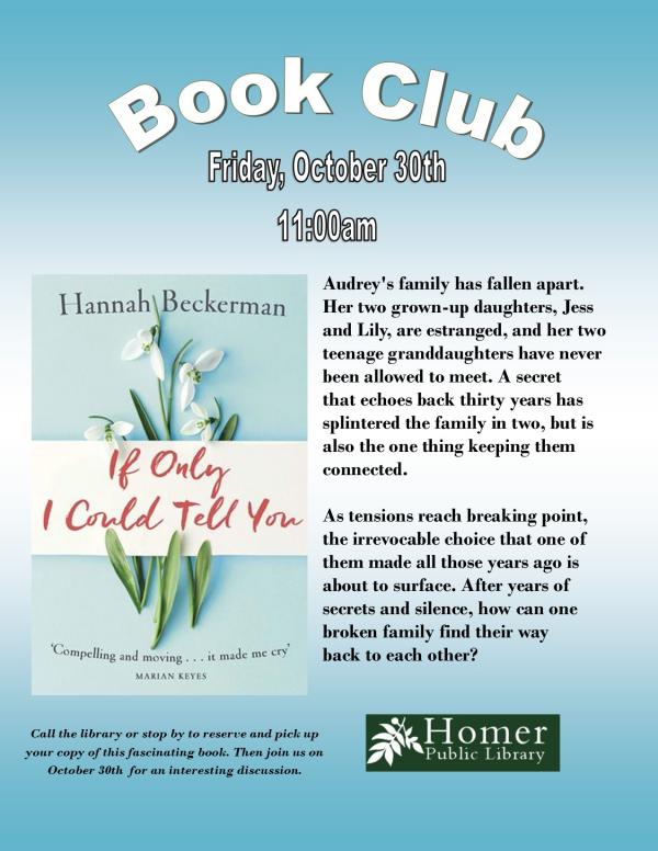 Book Club, "If Only I Could Tell You" by Hannah Beckerman, October 30th at 11am