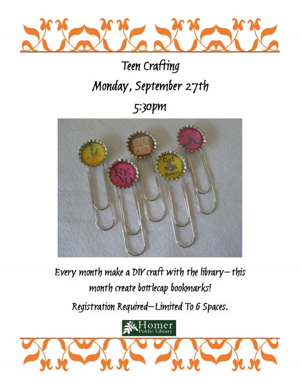 Teen Crafting (In Person), Monday, September 27th at 5:30pm, Every month make a DIY craft with the library - this month create bottlecap bookmarks. Registration Required - Limited to 6 spaces.