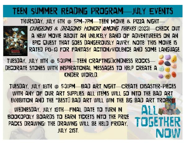 Teen Summer Reading - Bad Art Night - Tuesday, July 18th @ 5:30pm - Create Disaster-Pieces with any of our art supplies. All Items will go into the bad art exhibition and the “best” bad art will win the big bad art trophy!